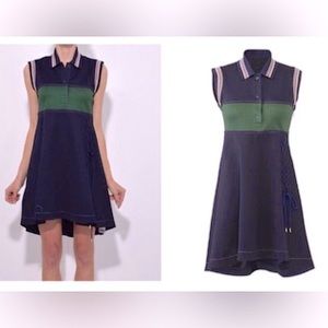 Carven Mini Dress Lace-up Polo Cotton 2-Tone in Dark Blue & Green Size 40 = US M